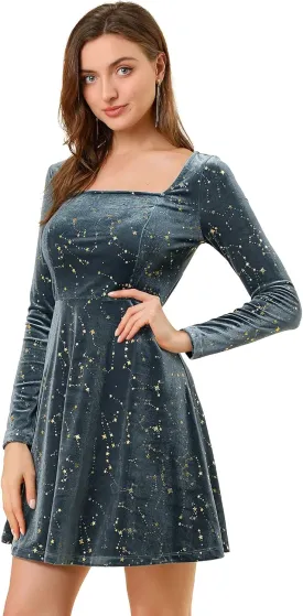 Allegra K Women's Fall Winter Velvet Long Sleeve Dresses Star Square Neck A Line Mini Dress for Party Cocktail Christmas