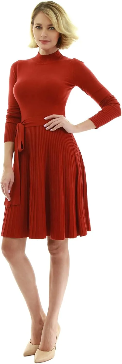 AmlieBoutik Women Mock Neck Fit-and-Flare Knit Sweater Dress