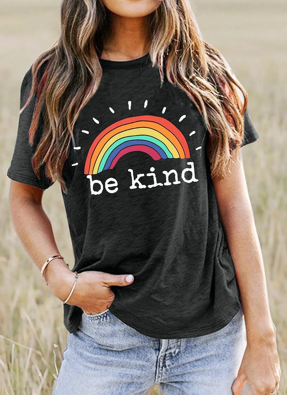 Be Kind Shirts Women Rainbow Graphic Tees Funny Inspirational Saying Casual Positive Short Sleeve Tops Shirts