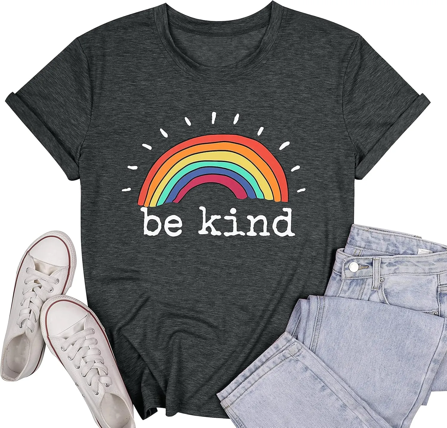 Be Kind Shirts Women Rainbow Graphic Tees Funny Inspirational Saying Casual Positive Short Sleeve Tops Shirts