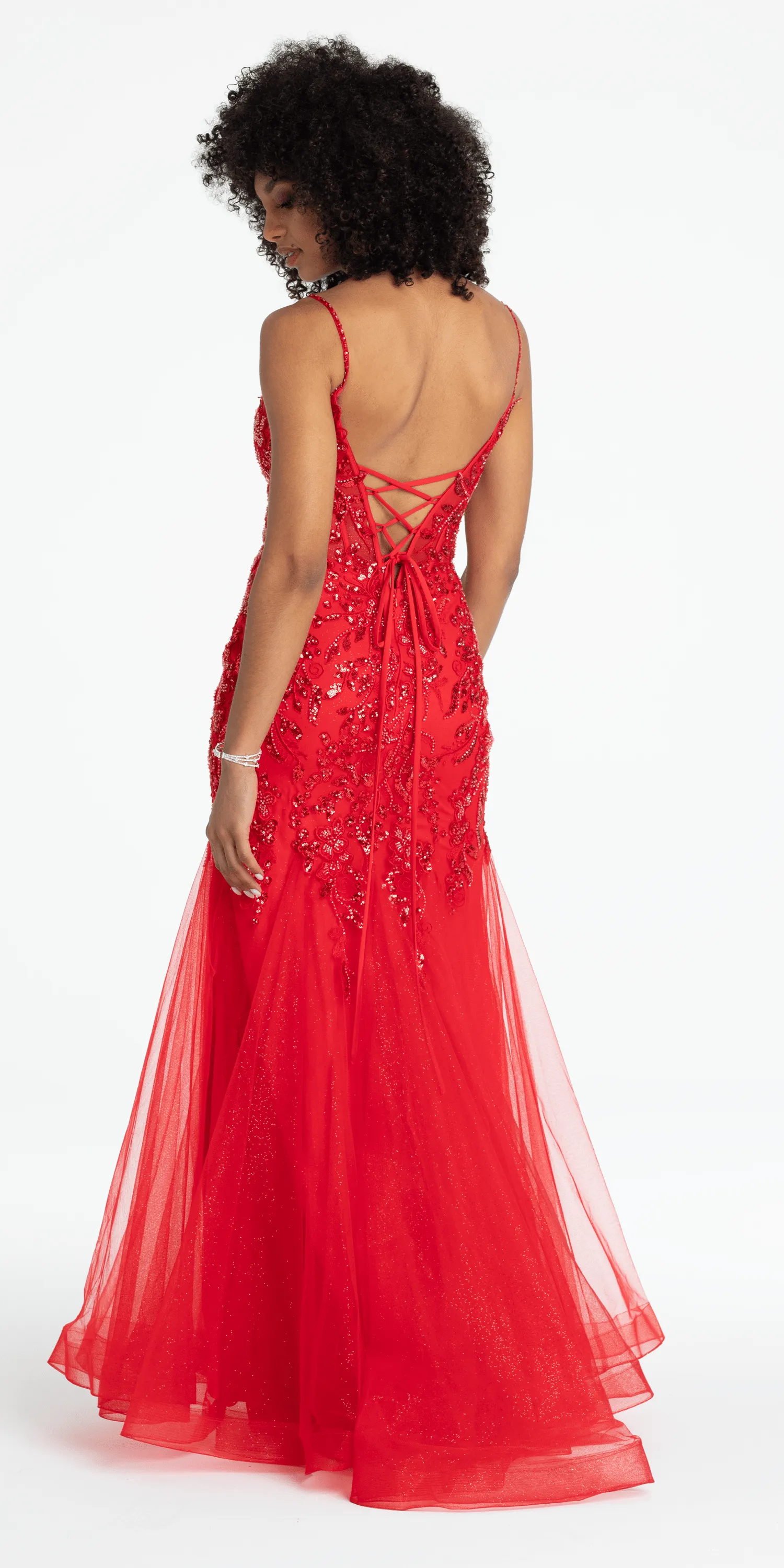 Beaded Embellished Plunging Glitter Mermaid Dress with Mesh Godets
