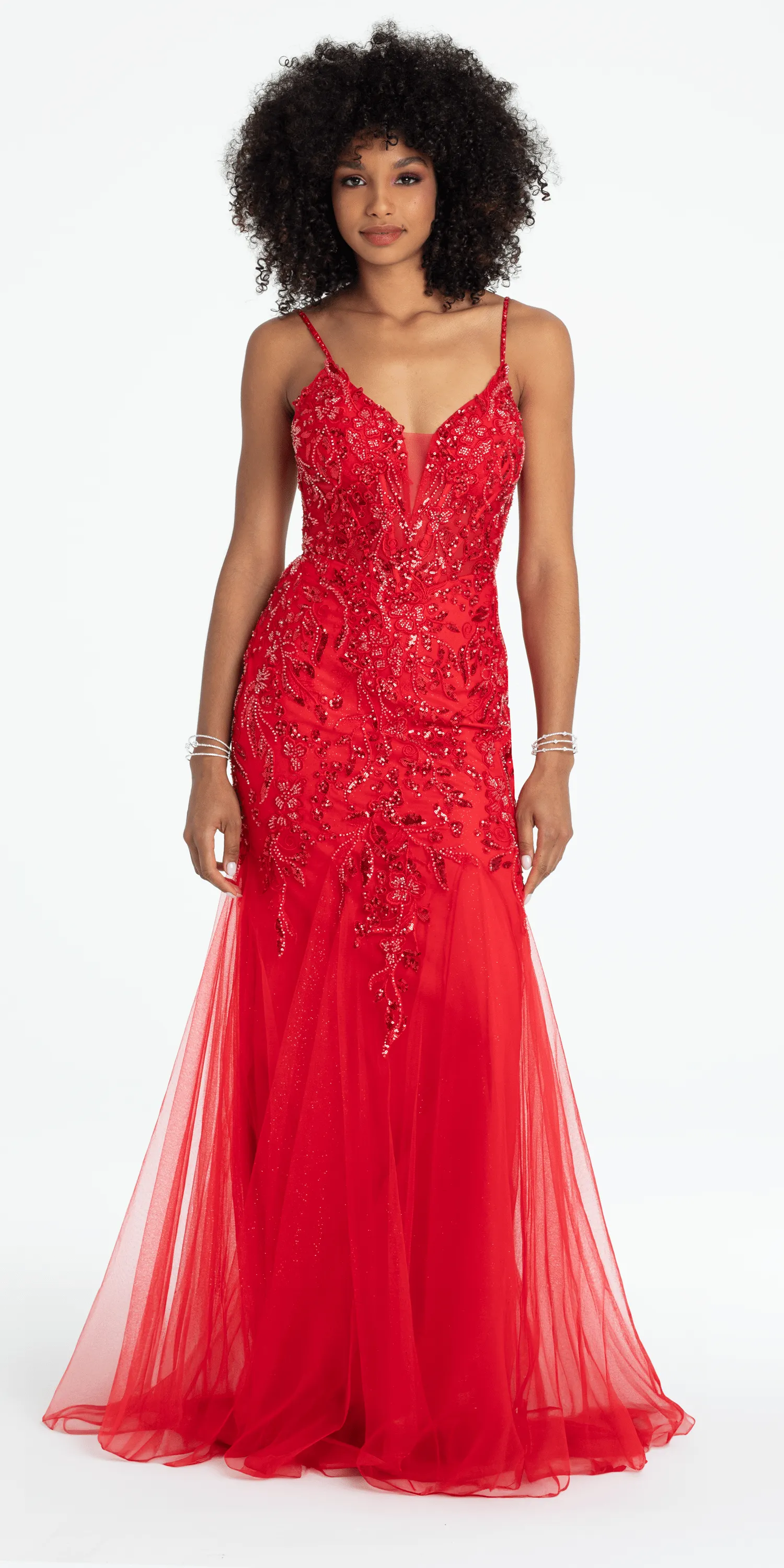 Beaded Embellished Plunging Glitter Mermaid Dress with Mesh Godets