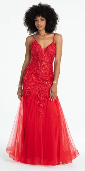 Beaded Embellished Plunging Glitter Mermaid Dress with Mesh Godets
