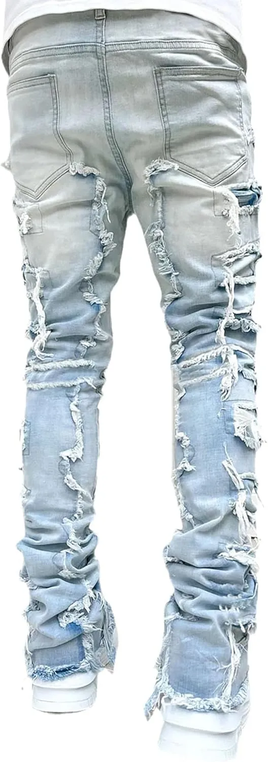 Conshvi Men's Slim Fit Stretch Jeans Distressed Patchwork Stacked Frayed Straight Leg Skinny Denim Pants