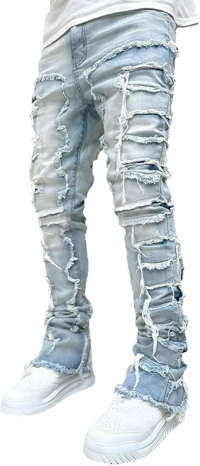 Conshvi Men's Slim Fit Stretch Jeans Distressed Patchwork Stacked Frayed Straight Leg Skinny Denim Pants