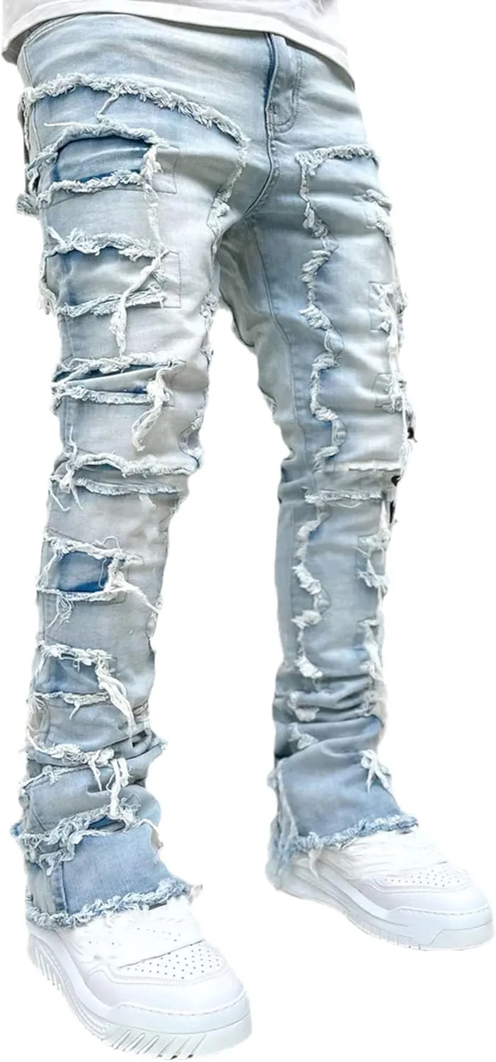 Conshvi Men's Slim Fit Stretch Jeans Distressed Patchwork Stacked Frayed Straight Leg Skinny Denim Pants