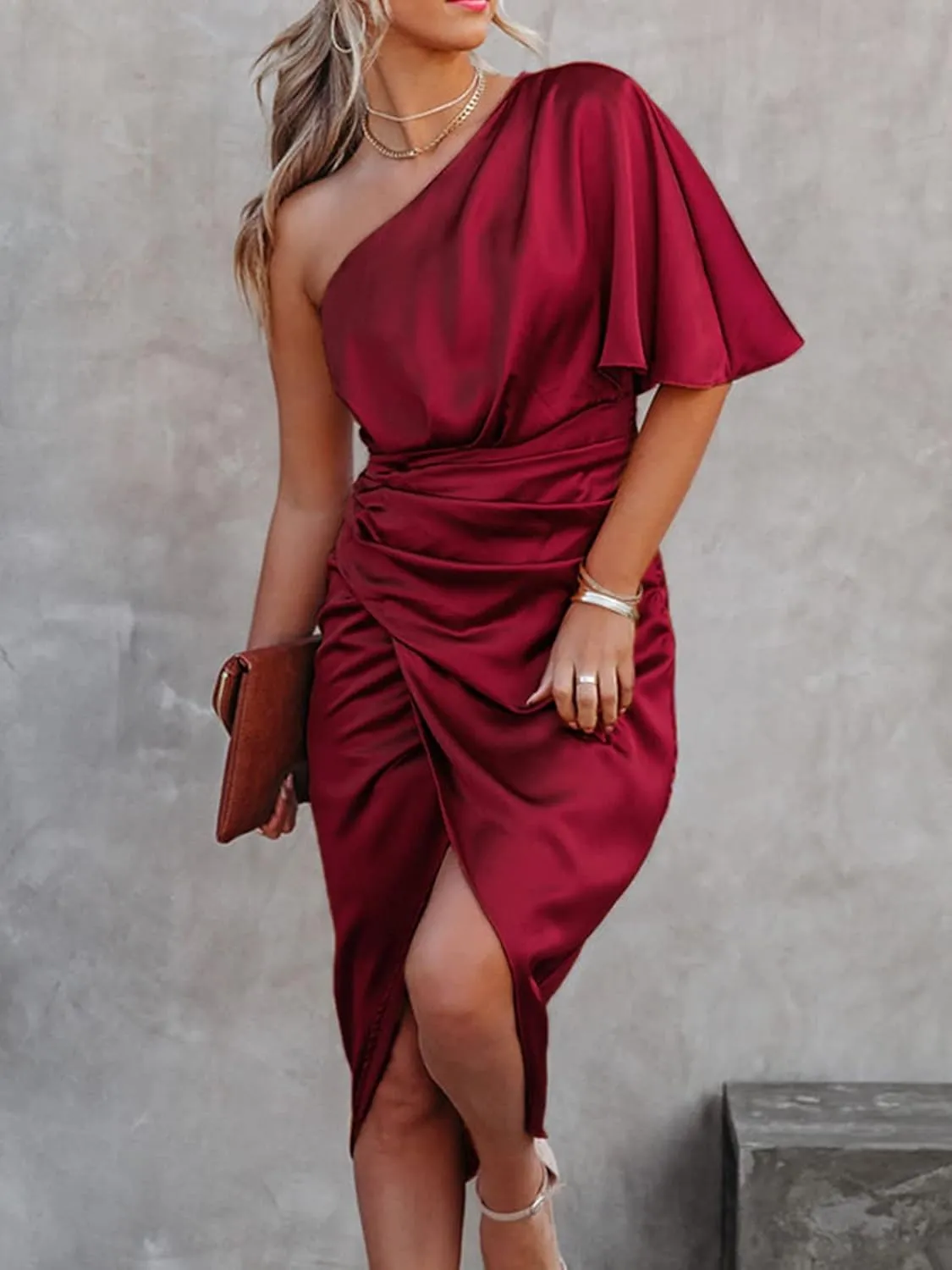 CUPSHE Women's Satin Dress Backless One Shoulder Short Sleeves Midi High Low Hem Cocktail Party Dress