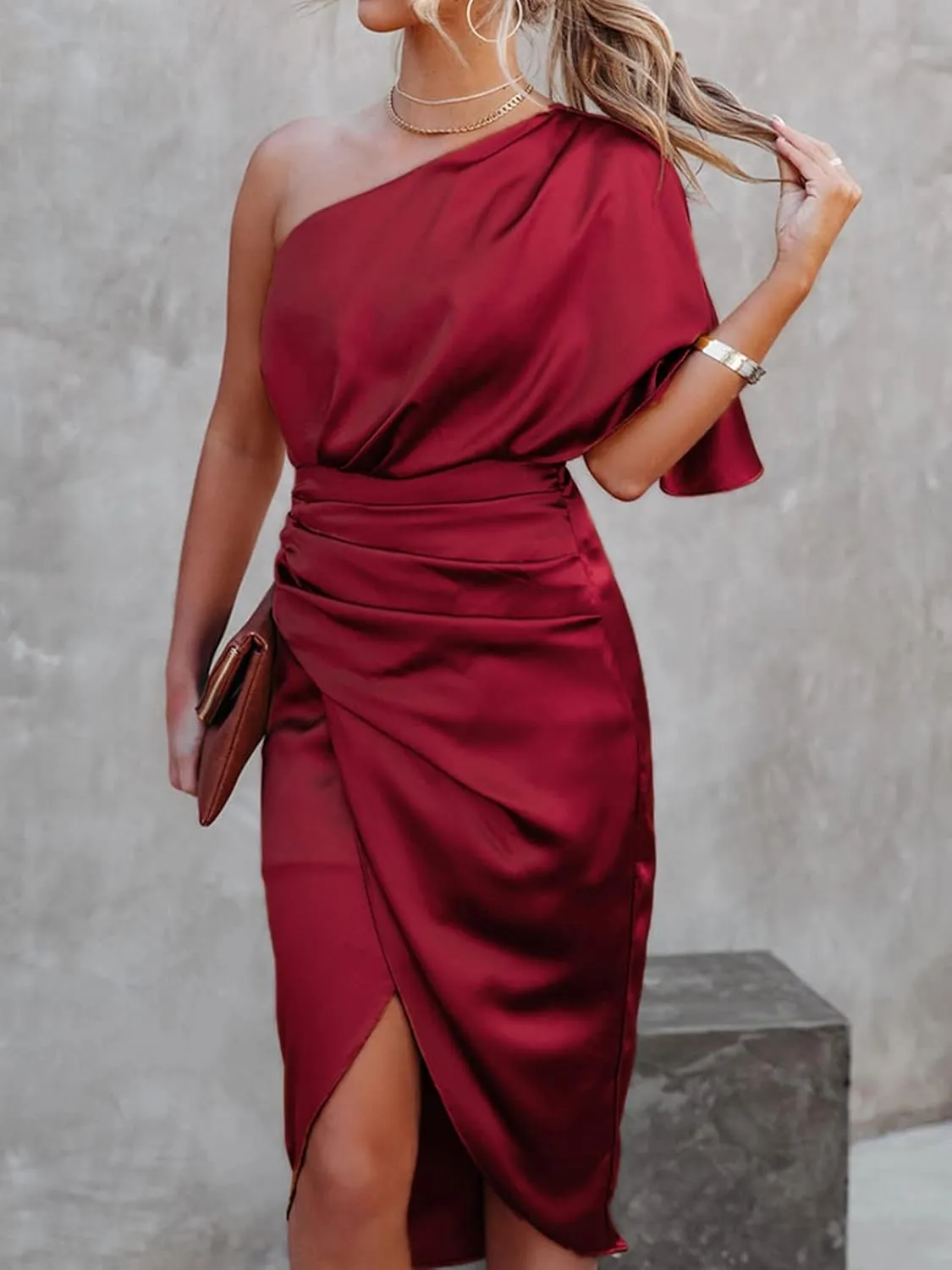 CUPSHE Women's Satin Dress Backless One Shoulder Short Sleeves Midi High Low Hem Cocktail Party Dress