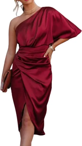 CUPSHE Women's Satin Dress Backless One Shoulder Short Sleeves Midi High Low Hem Cocktail Party Dress