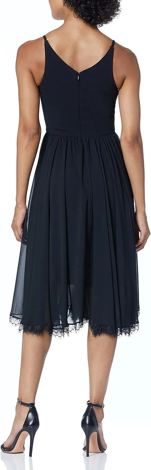 Dress the Population Women's Alicia Plunging Mix Media Sleeveless Fit and Flare Midi Dress