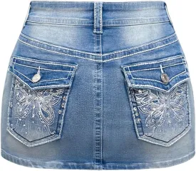 Floerns Women's Y2k Butterfly Denim Skirts Low Waist Stretch Bodycon Mini Skirt