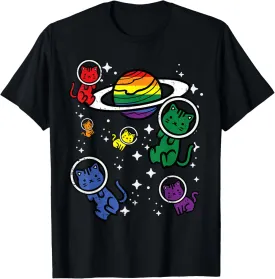 Gay Cats In Space Rainbow Pride Month Lgbtq Ally Women Girls T-Shirt