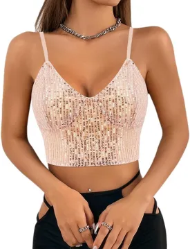 Giovacker Women's Sexy V-Neck Spaghetti Strap Sparkle Sequined Crop Tops Tube Top Bustier Vest Tank Rave Clubwear Camis Tee