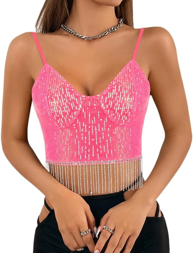 Giovacker Women's Sexy V-Neck Spaghetti Strap Sparkle Sequined Crop Tops Tube Top Bustier Vest Tank Rave Clubwear Camis Tee