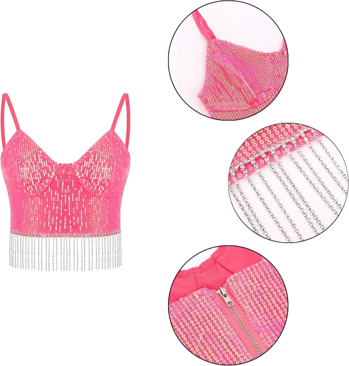 Giovacker Women's Sexy V-Neck Spaghetti Strap Sparkle Sequined Crop Tops Tube Top Bustier Vest Tank Rave Clubwear Camis Tee