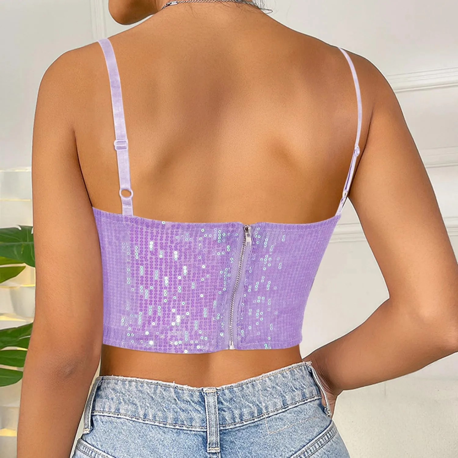 Giovacker Women's Sexy V-Neck Spaghetti Strap Sparkle Sequined Crop Tops Tube Top Bustier Vest Tank Rave Clubwear Camis Tee