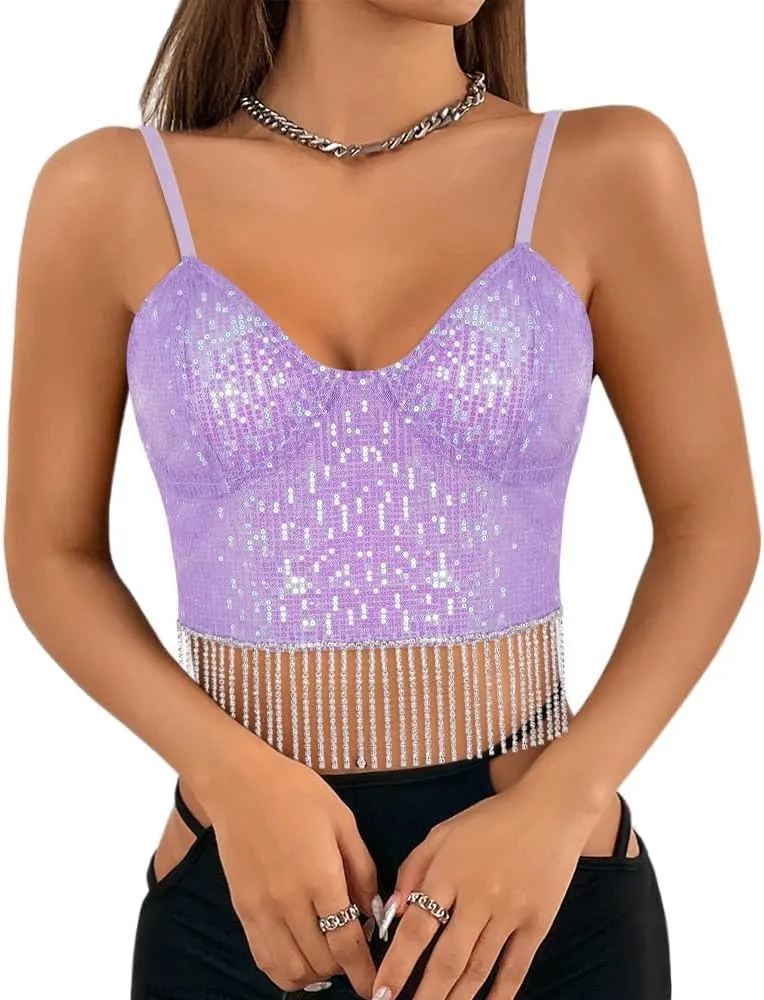 Giovacker Women's Sexy V-Neck Spaghetti Strap Sparkle Sequined Crop Tops Tube Top Bustier Vest Tank Rave Clubwear Camis Tee
