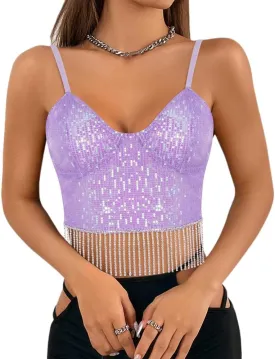 Giovacker Women's Sexy V-Neck Spaghetti Strap Sparkle Sequined Crop Tops Tube Top Bustier Vest Tank Rave Clubwear Camis Tee