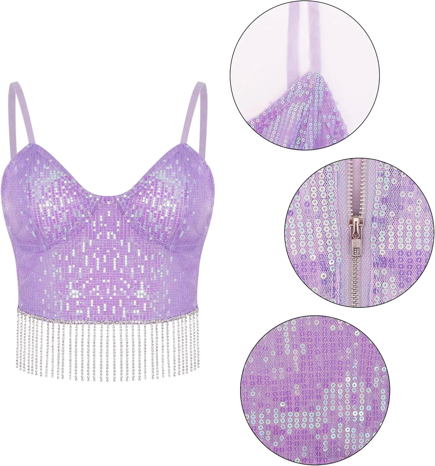 Giovacker Women's Sexy V-Neck Spaghetti Strap Sparkle Sequined Crop Tops Tube Top Bustier Vest Tank Rave Clubwear Camis Tee