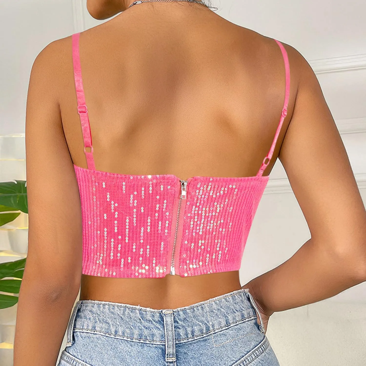 Giovacker Women's Sexy V-Neck Spaghetti Strap Sparkle Sequined Crop Tops Tube Top Bustier Vest Tank Rave Clubwear Camis Tee