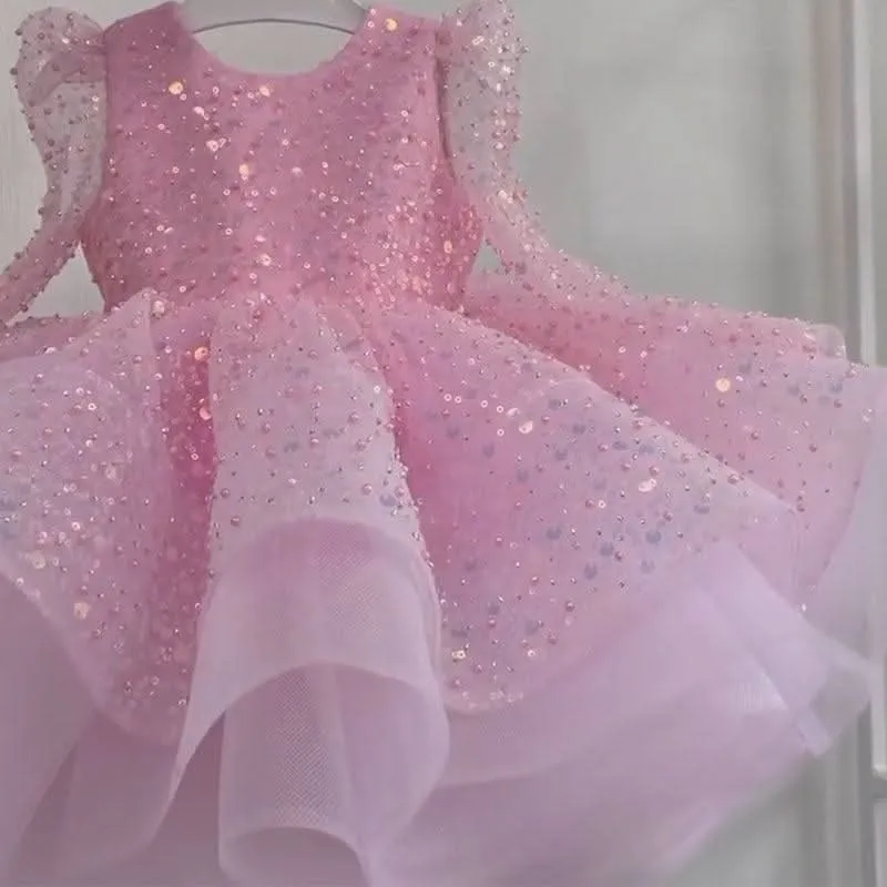 Glittering Pink Princess Dress Versatile Sequined Dress Exquisite Gown Designed for Little Girls