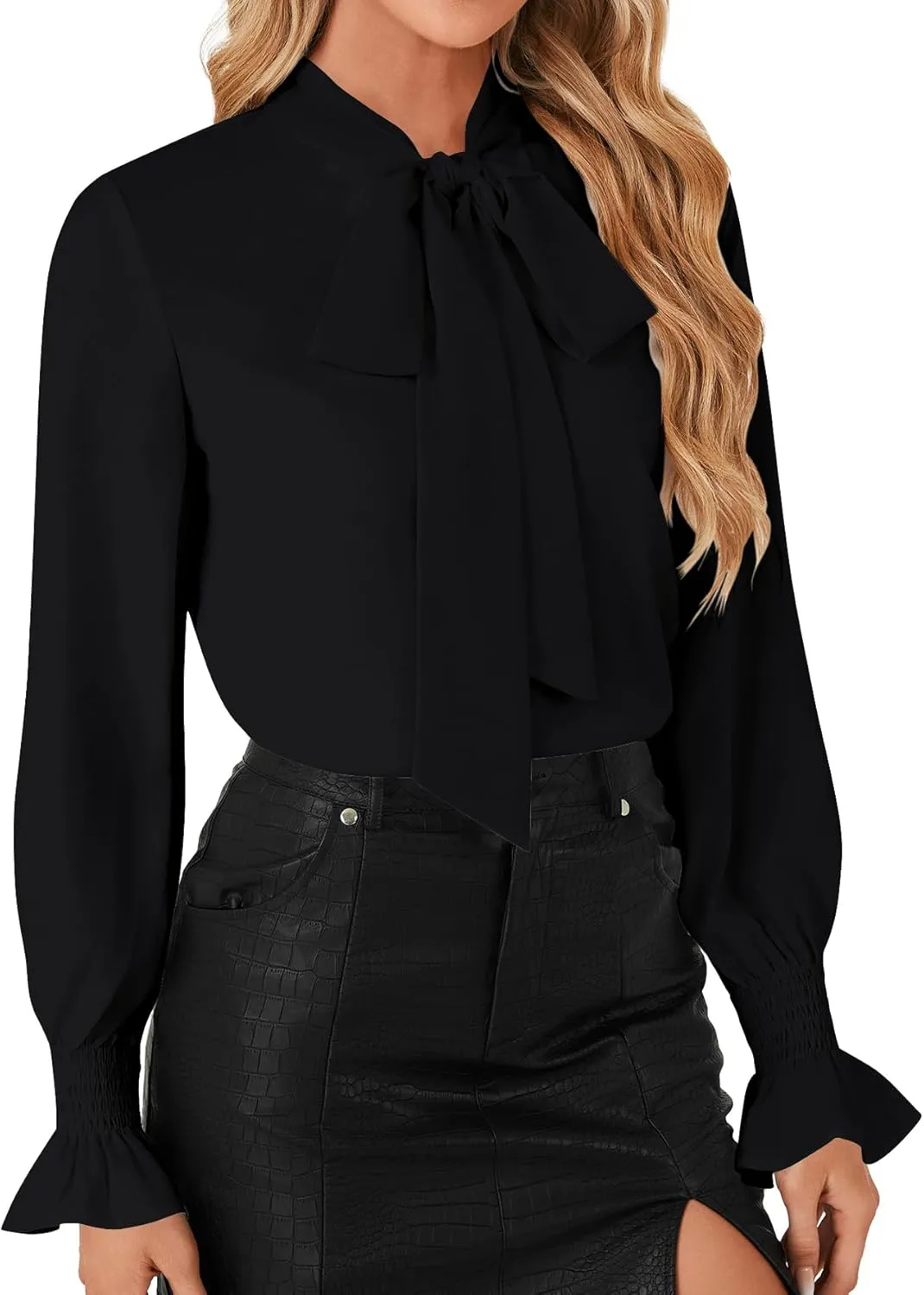 LYANER Women's Bow Tie Front Smocked Long Sleeve Blouse Elegant Office Shirt Top