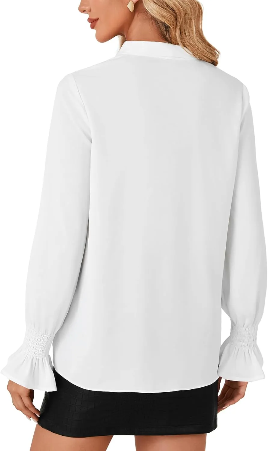 LYANER Women's Bow Tie Front Smocked Long Sleeve Blouse Elegant Office Shirt Top