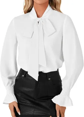 LYANER Women's Bow Tie Front Smocked Long Sleeve Blouse Elegant Office Shirt Top