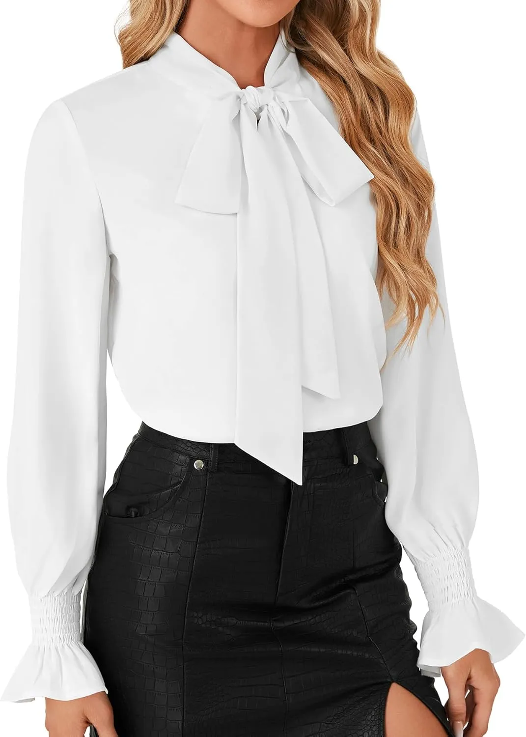 LYANER Women's Bow Tie Front Smocked Long Sleeve Blouse Elegant Office Shirt Top