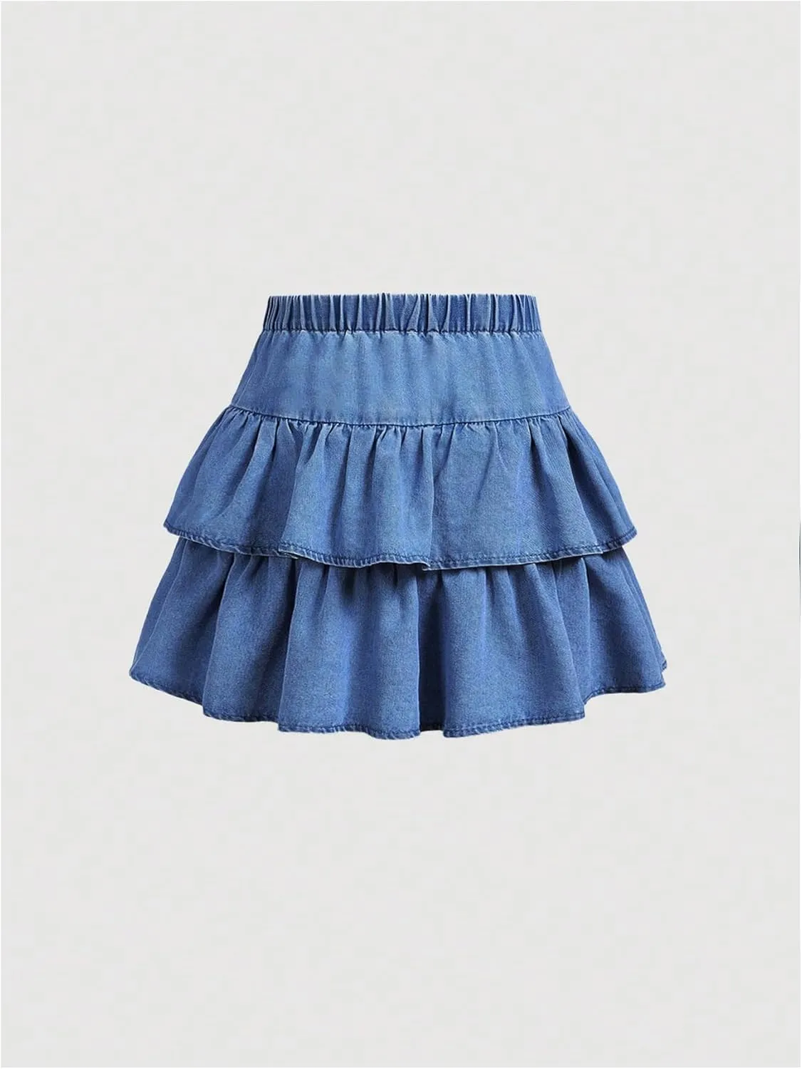 MakeMeChic Girl's Bow Denim Skirt Ruffle Tiered Elastic Waist A Line Cute Mini Skirts