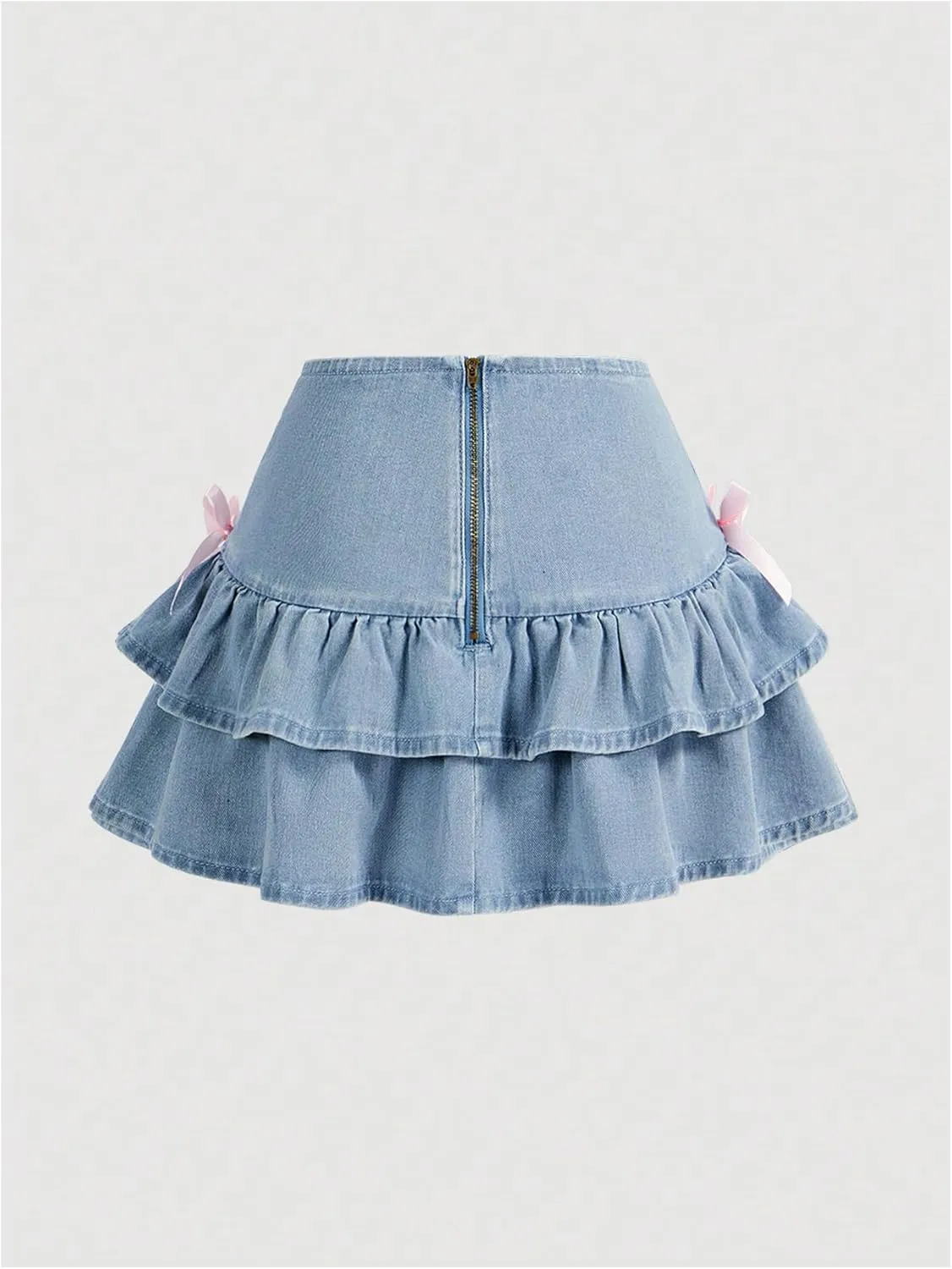 MakeMeChic Women's Denim Mini Skirt Bow Knot Ruffle Layered A Line Summer Jean Skirts