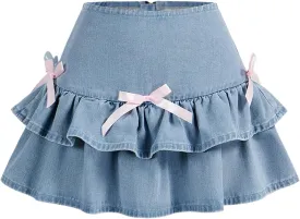 MakeMeChic Women's Denim Mini Skirt Bow Knot Ruffle Layered A Line Summer Jean Skirts