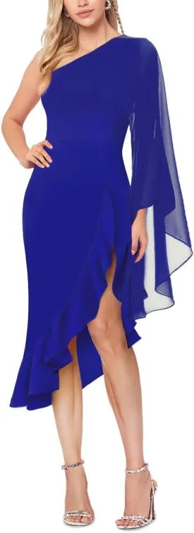 MAYFASEY Women's Sexy One Shoulder Dress Cape Sleeve Ruffle Hem High Split Bodycon Formal Cocktail Party Evening Dress