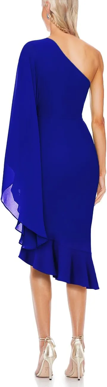 MAYFASEY Women's Sexy One Shoulder Dress Cape Sleeve Ruffle Hem High Split Bodycon Formal Cocktail Party Evening Dress