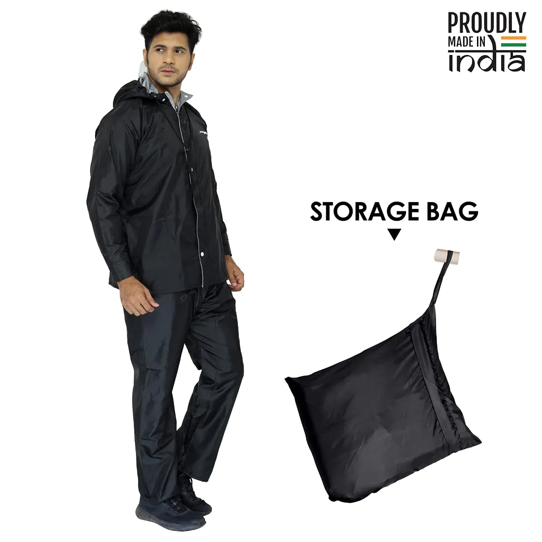 Men Rain Coat - Waterproof, Reversible, Double Layer | Includes Pants | XXL | Black