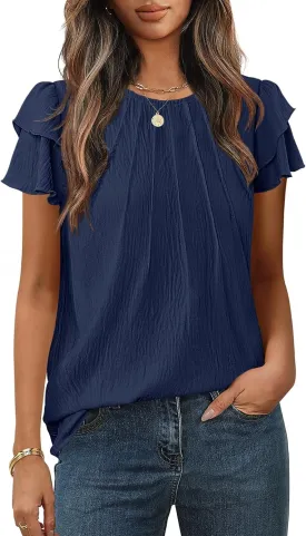MEROKEETY Women's Trendy Ruffle Short Sleeve Blouse Cute Crew Neck Dressy Casual Flowy Tee Shirt Tunic Tops