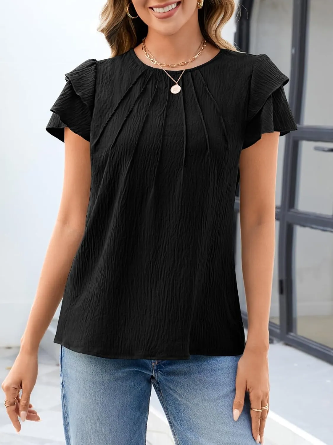MEROKEETY Women's Trendy Ruffle Short Sleeve Blouse Cute Crew Neck Dressy Casual Flowy Tee Shirt Tunic Tops