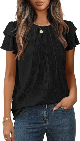 MEROKEETY Women's Trendy Ruffle Short Sleeve Blouse Cute Crew Neck Dressy Casual Flowy Tee Shirt Tunic Tops