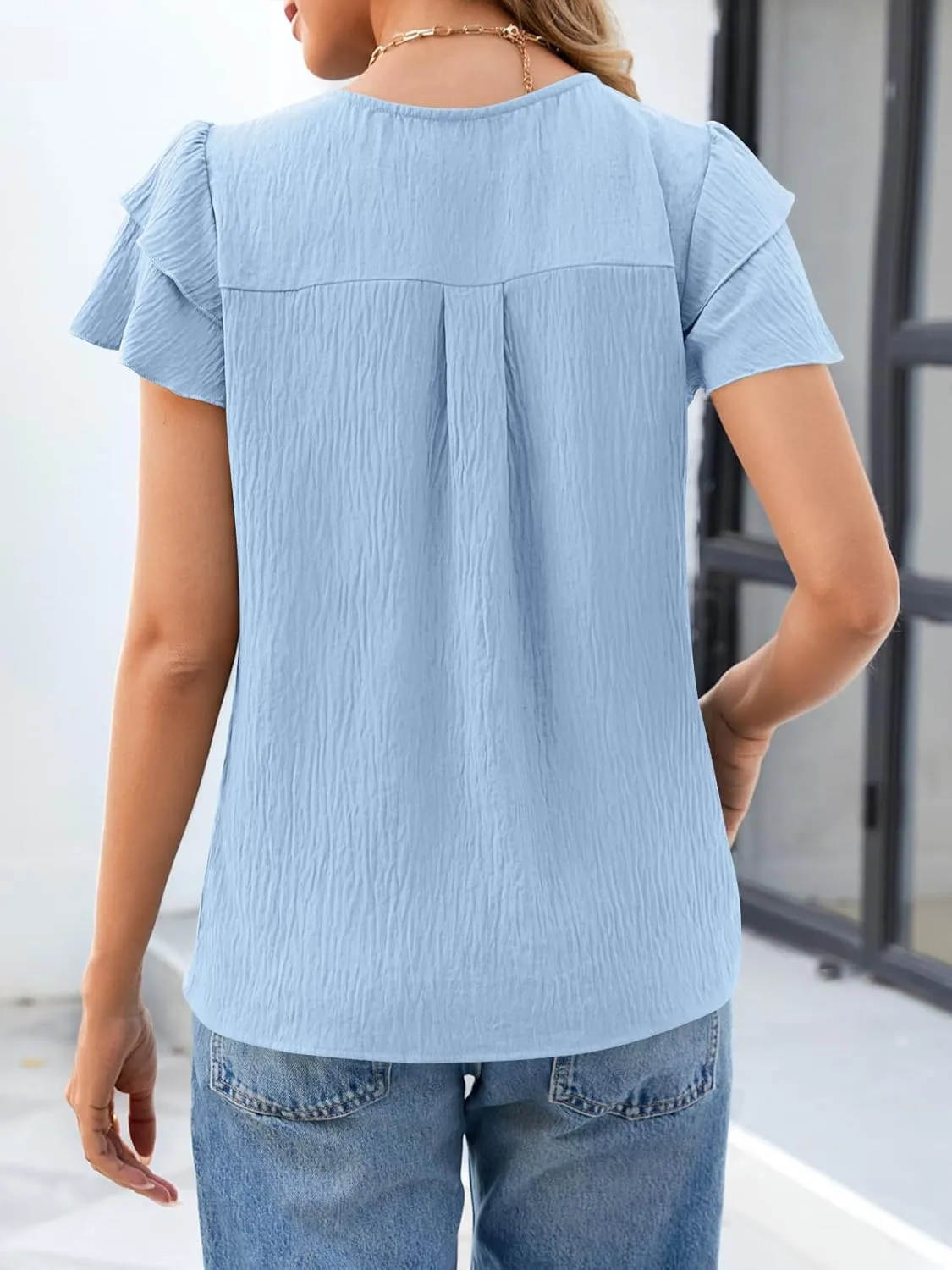 MEROKEETY Women's Trendy Ruffle Short Sleeve Blouse Cute Crew Neck Dressy Casual Flowy Tee Shirt Tunic Tops