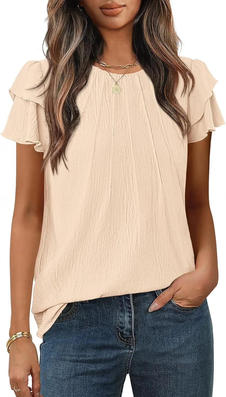 MEROKEETY Women's Trendy Ruffle Short Sleeve Blouse Cute Crew Neck Dressy Casual Flowy Tee Shirt Tunic Tops