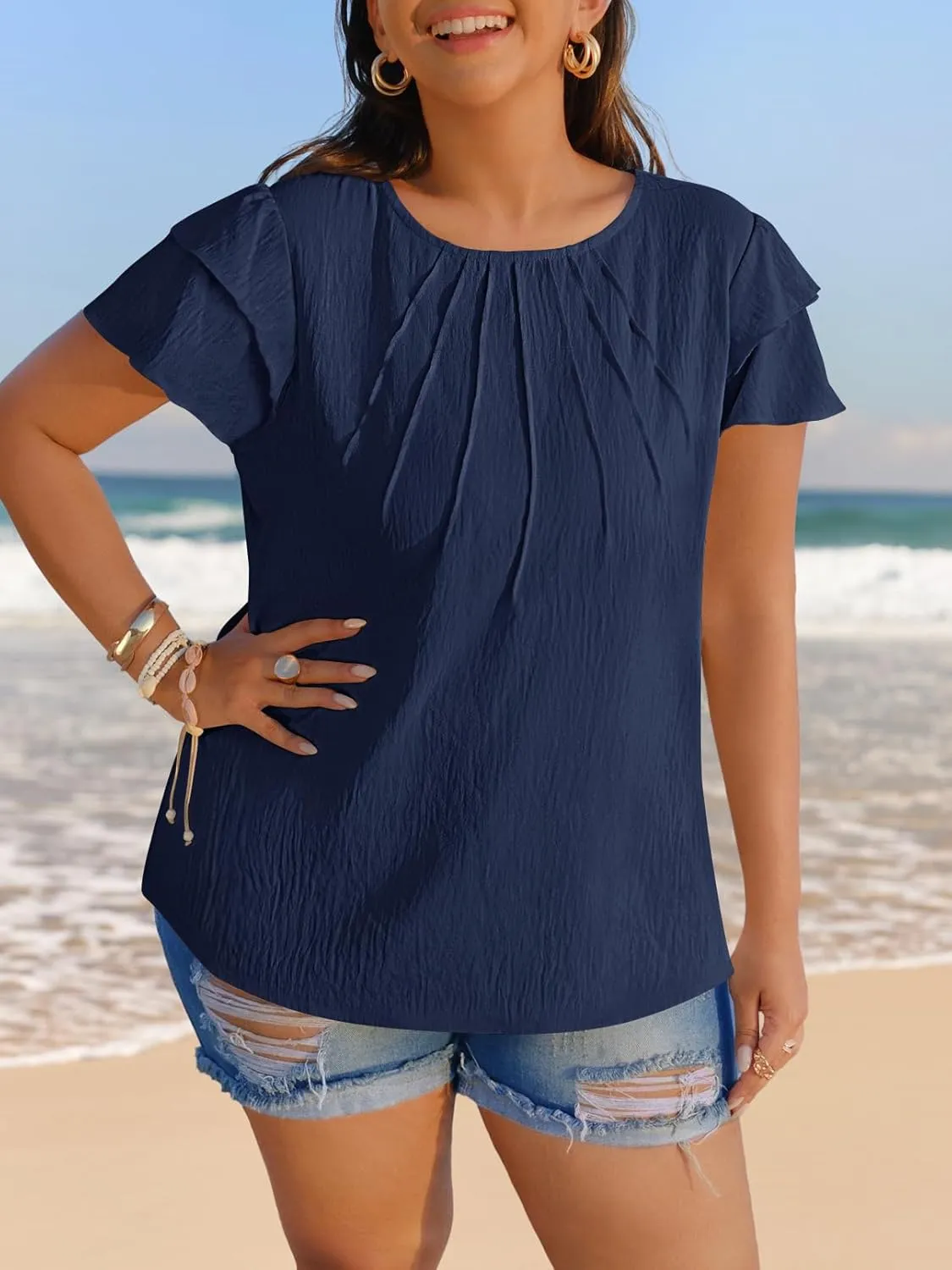 MEROKEETY Women's Trendy Ruffle Short Sleeve Blouse Cute Crew Neck Dressy Casual Flowy Tee Shirt Tunic Tops
