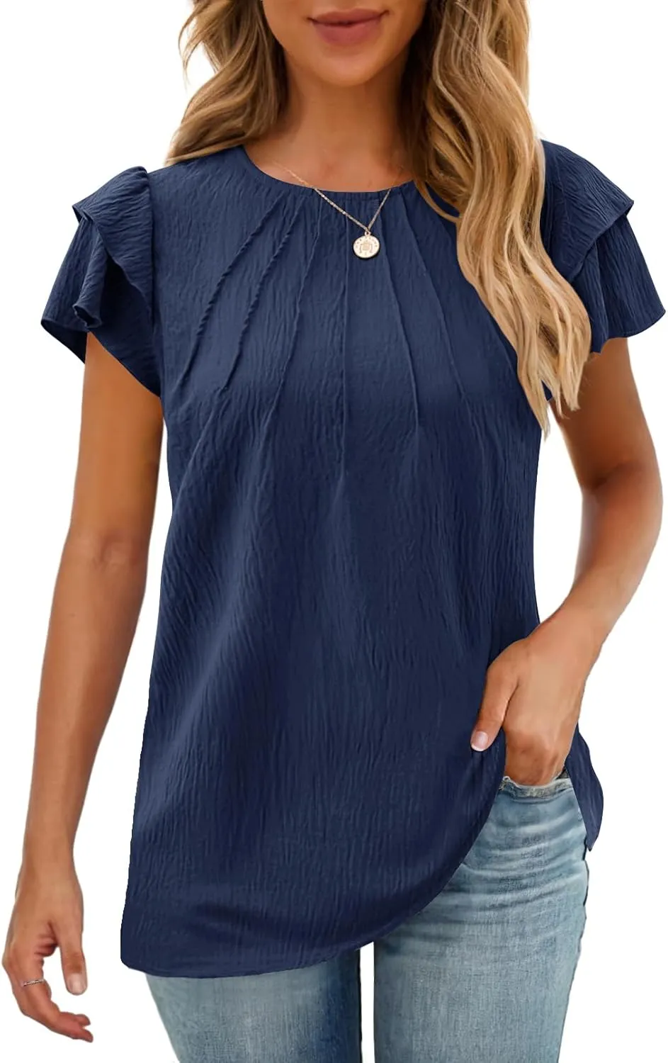 MEROKEETY Women's Trendy Ruffle Short Sleeve Blouse Cute Crew Neck Dressy Casual Flowy Tee Shirt Tunic Tops