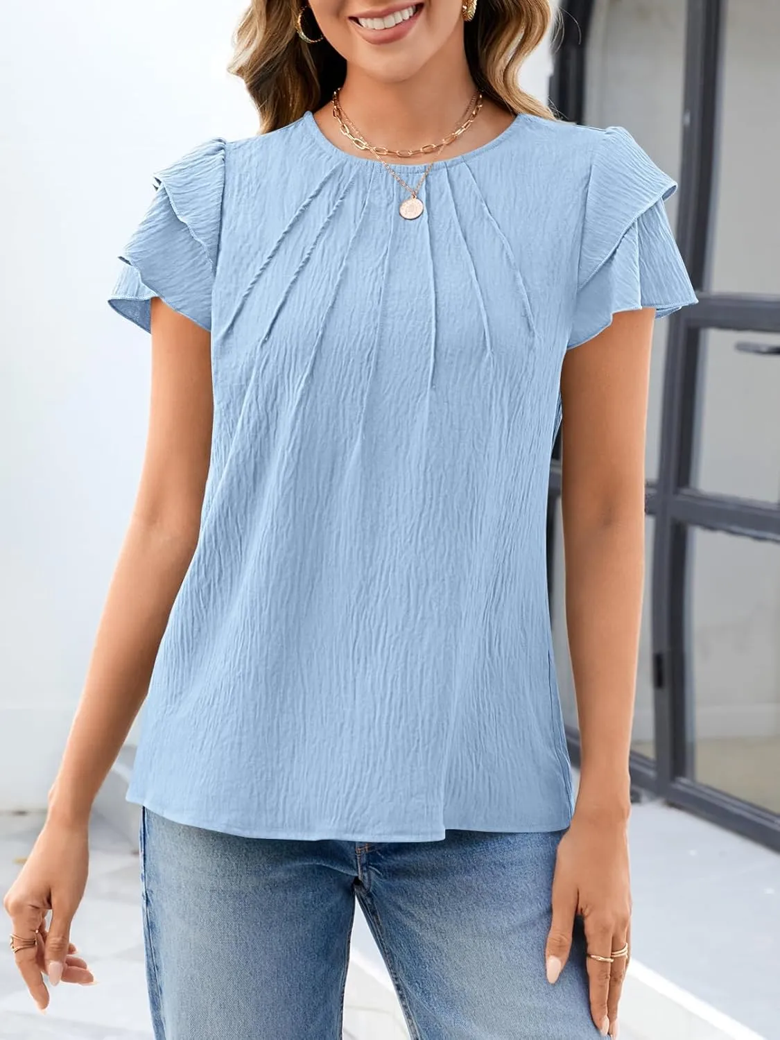 MEROKEETY Women's Trendy Ruffle Short Sleeve Blouse Cute Crew Neck Dressy Casual Flowy Tee Shirt Tunic Tops