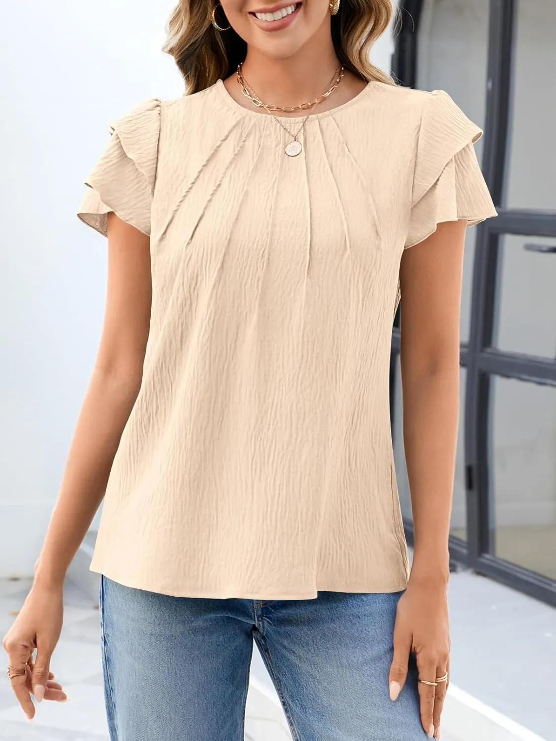 MEROKEETY Women's Trendy Ruffle Short Sleeve Blouse Cute Crew Neck Dressy Casual Flowy Tee Shirt Tunic Tops