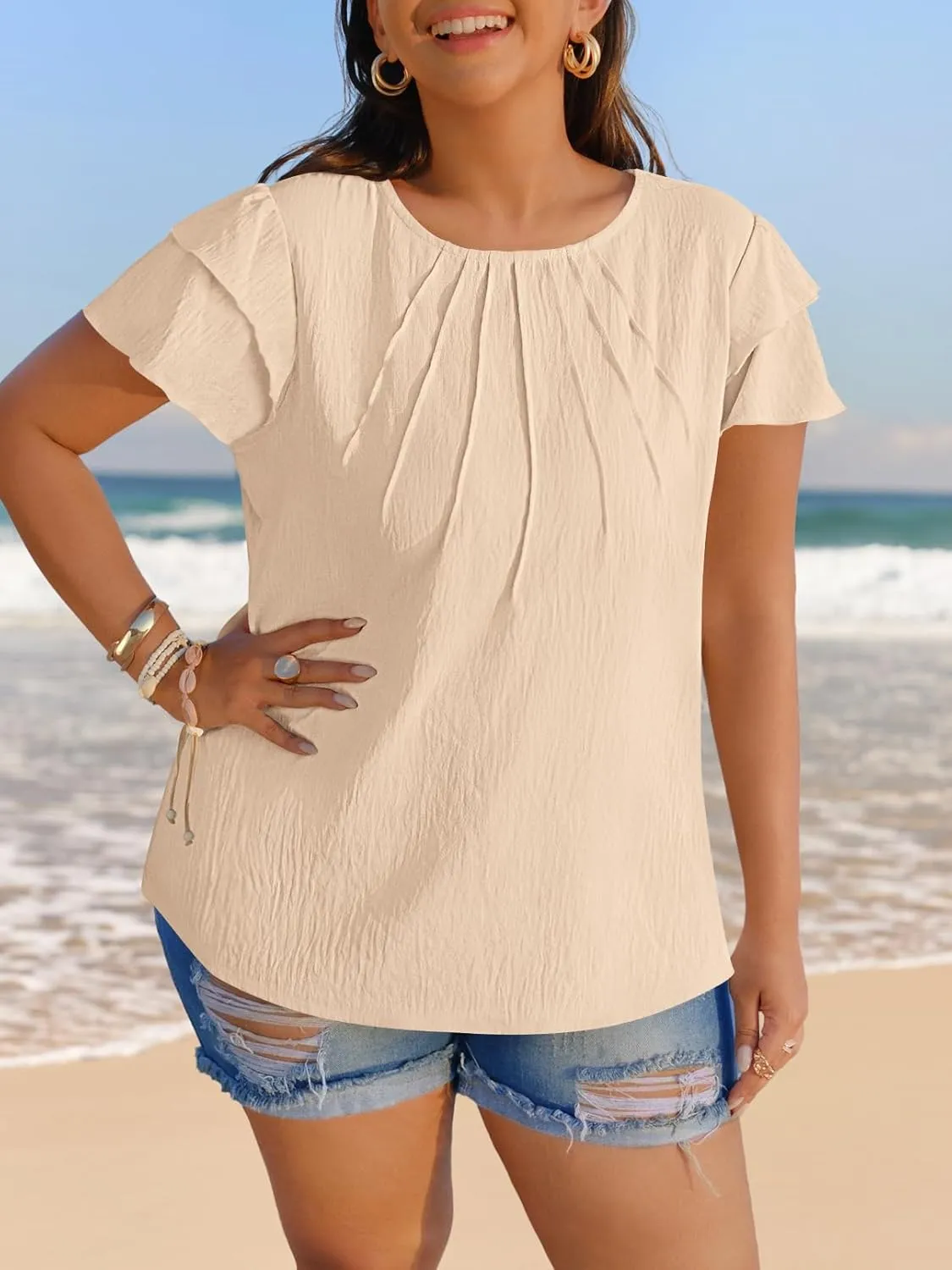 MEROKEETY Women's Trendy Ruffle Short Sleeve Blouse Cute Crew Neck Dressy Casual Flowy Tee Shirt Tunic Tops