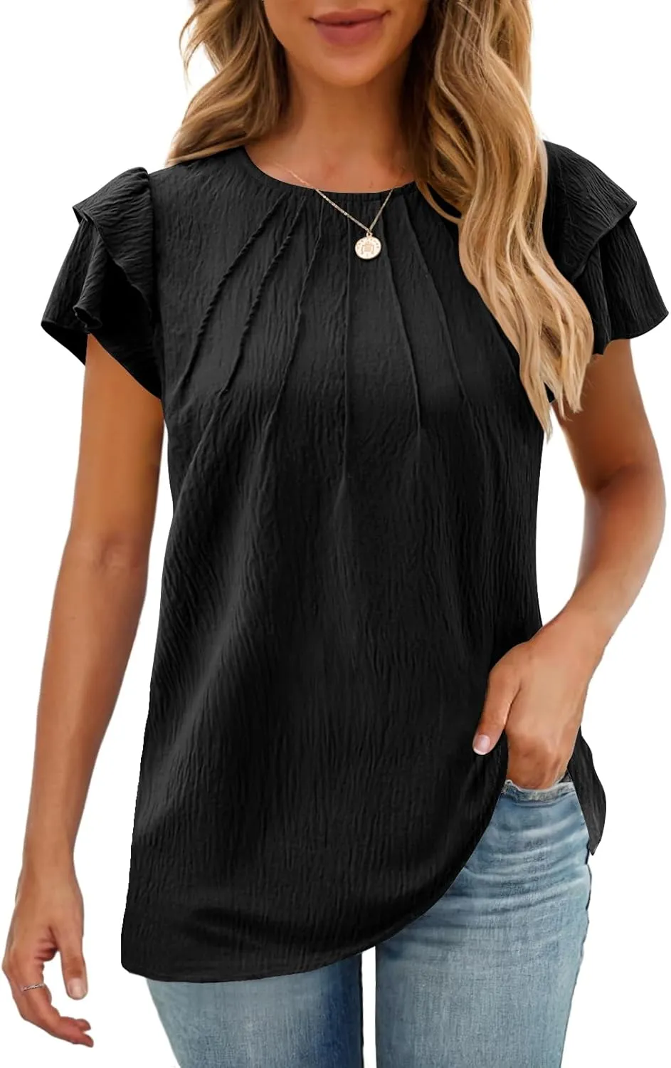 MEROKEETY Women's Trendy Ruffle Short Sleeve Blouse Cute Crew Neck Dressy Casual Flowy Tee Shirt Tunic Tops