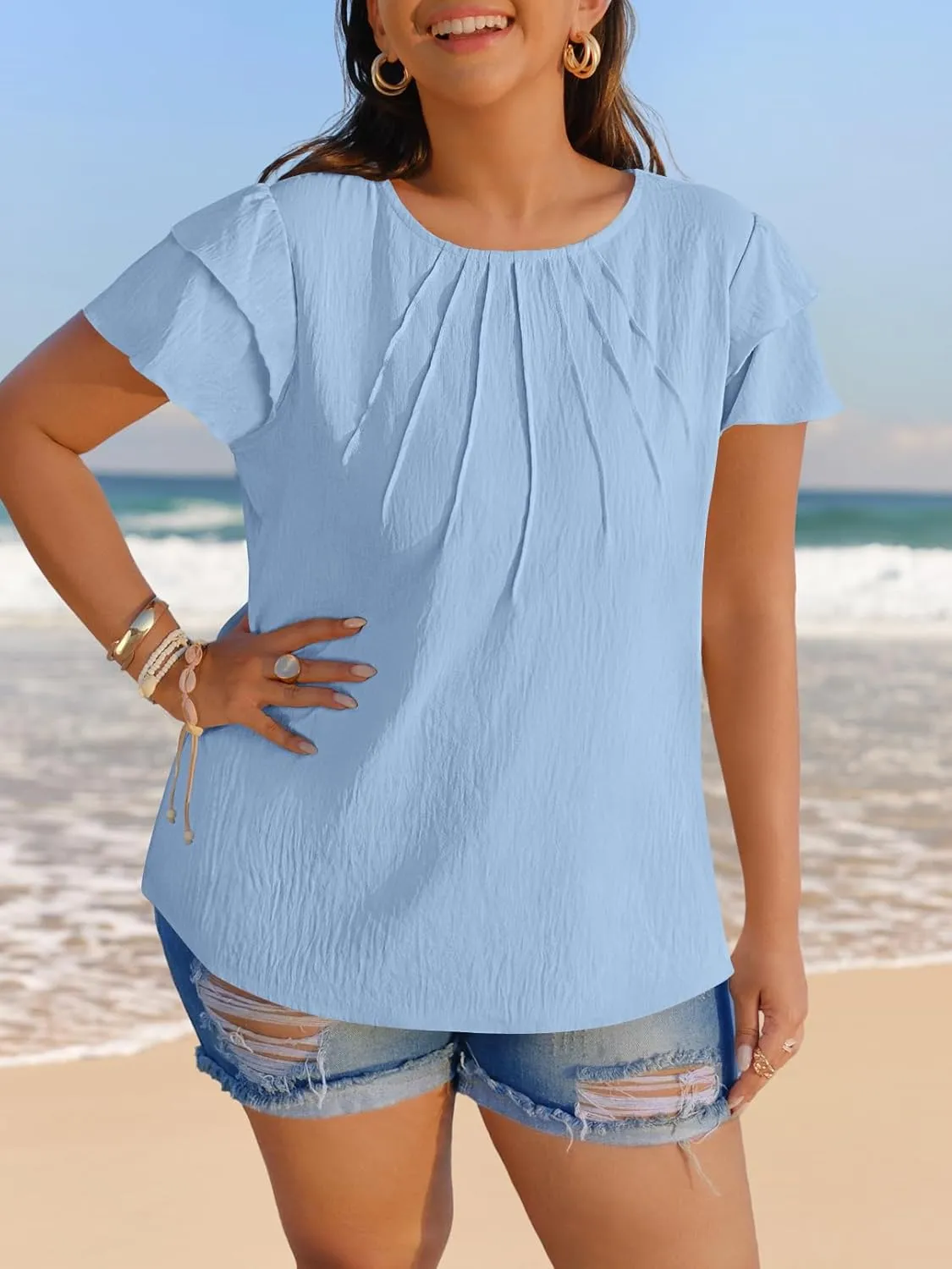 MEROKEETY Women's Trendy Ruffle Short Sleeve Blouse Cute Crew Neck Dressy Casual Flowy Tee Shirt Tunic Tops