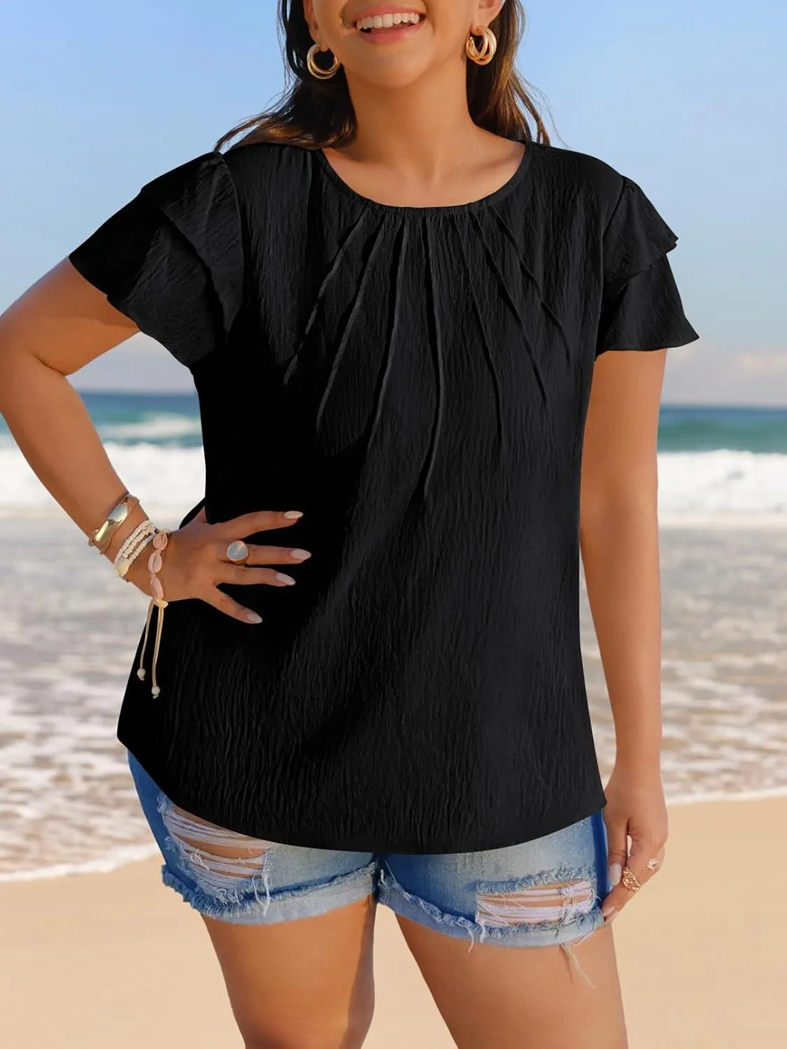 MEROKEETY Women's Trendy Ruffle Short Sleeve Blouse Cute Crew Neck Dressy Casual Flowy Tee Shirt Tunic Tops