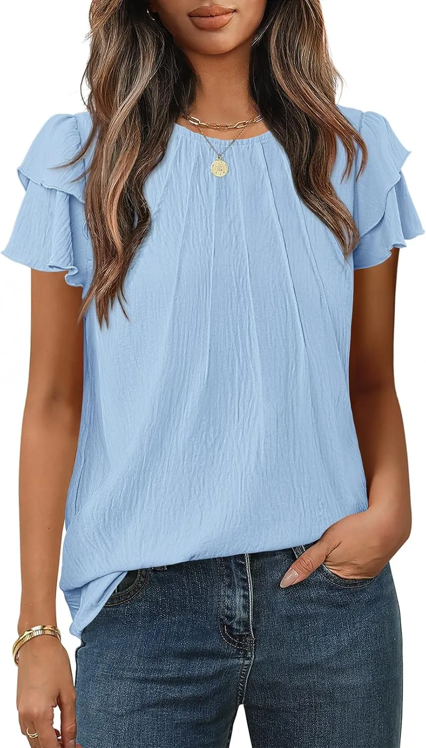 MEROKEETY Women's Trendy Ruffle Short Sleeve Blouse Cute Crew Neck Dressy Casual Flowy Tee Shirt Tunic Tops