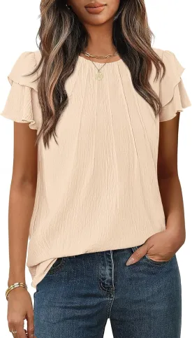 MEROKEETY Women's Trendy Ruffle Short Sleeve Blouse Cute Crew Neck Dressy Casual Flowy Tee Shirt Tunic Tops